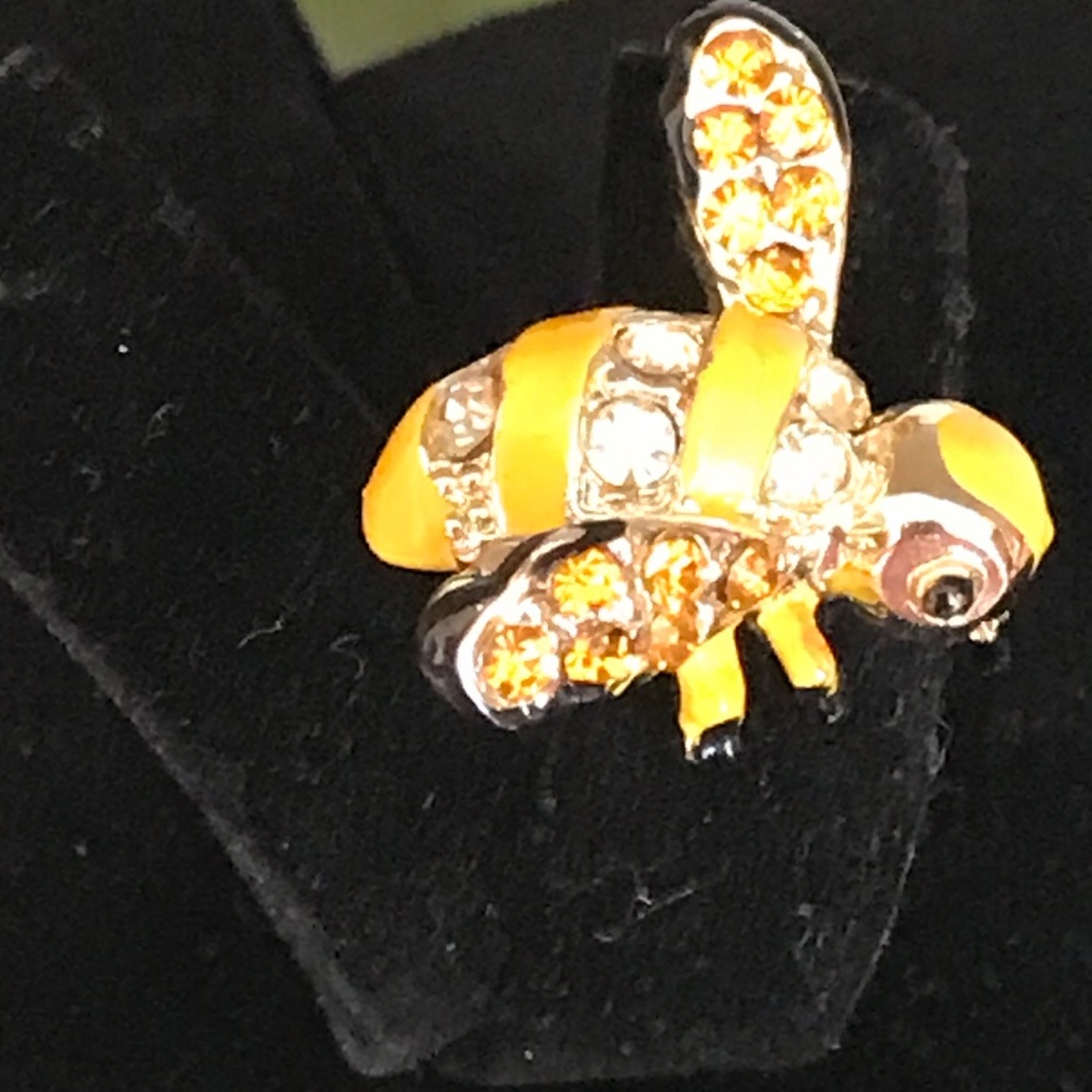 Vintage Gold Tone, Rhinestone & Painted Enamel Yellow Bumble Bee Brooch / Pin